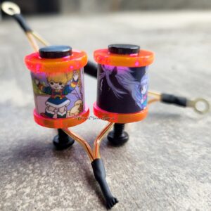 Close-up of two colorful toy lanterns with cartoon characters.