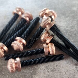 A close-up of black screws with copper-colored heads.